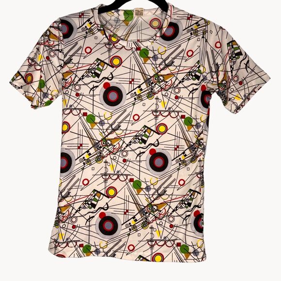 Vintage 80s Size Small Kandinsky All Over Print T Shirt Polyester Wearable Art - Picture 1 of 10